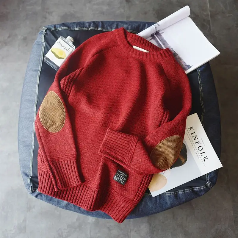 Men's Round Neck Patchwork Pullover Sweater Academic Color Block Thick Knit Top Korean Style Tops