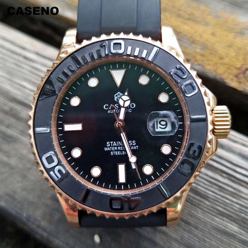 ساعات المعصم الميكانيكية الرجال التلقائي العلامة التجارية الفاخرة ساعة رجالي الذهب الفولاذ المقاوم للصدأ الياقوت الزجاج سيليكون ساعة جديدة CASENO