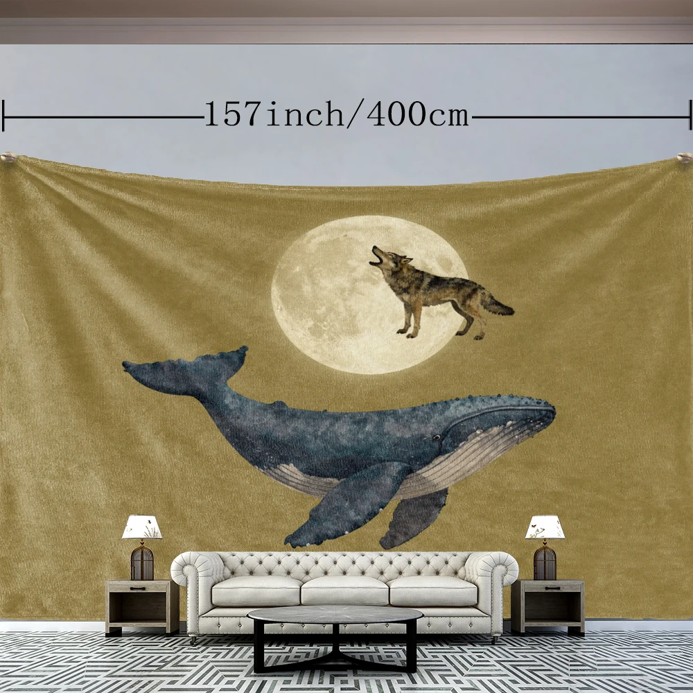 Ochre Full Moon Wolf Blue Whale Wall Tapestry, Mystic Boho Decor