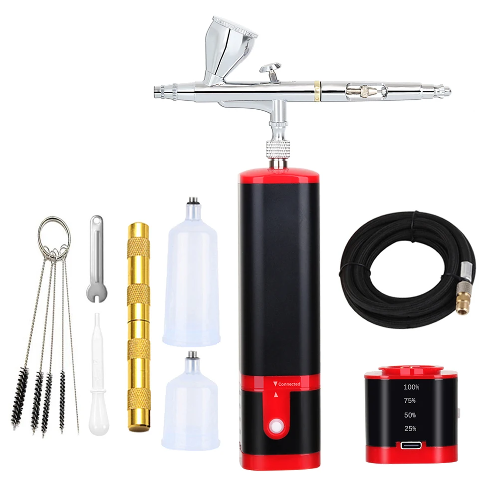 

Airbrush Dual-Action Air Brush Set with Mini Compressor 0.3mm Needle 7CC 20CC Cup Cleaning Kit for Makeup Nail Craft Cake