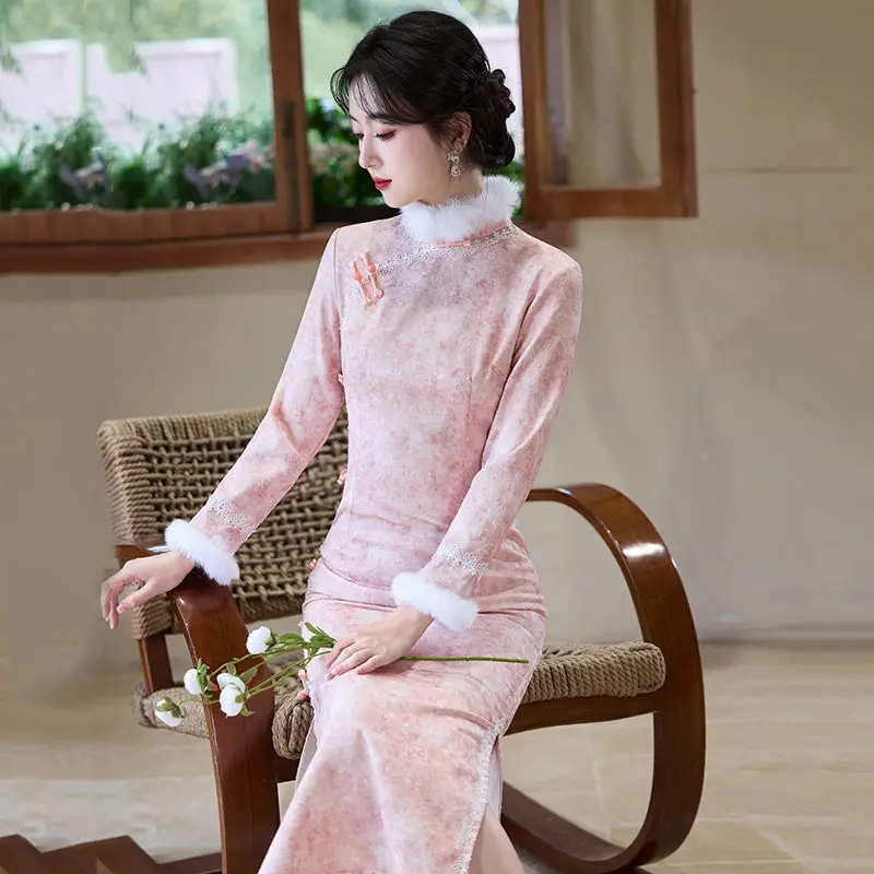 

Классическое традиционное китайское платье-ципао для женщин, элегантное длинное вечернее платье-чонсам с плюшевой отделкой для вечеринок