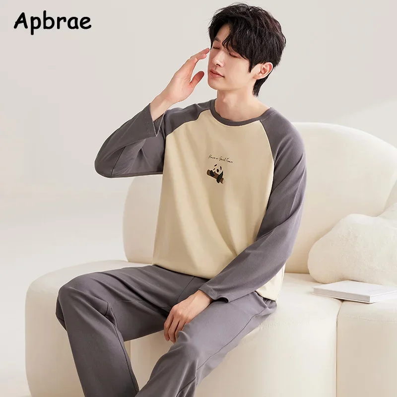 New Autumn Cotton Pajamas for Men Fashion O-neck Pijamas Long Sleeved Full Pants Home Wear Plus Size L-3XL Sleepwear