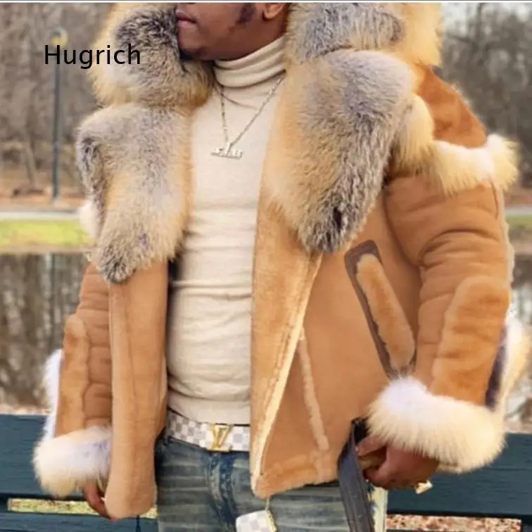 Mens Faux Fur Shearling Coat With Large Fur Collar Long Sleeve Faux Fur Outerwear For Cross Border Wholesale For Cold Weather Da