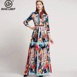 Women's O Neck Long Sleeves Bow Detailing Fixed Pattern Floral Printed Striped Pleated Elegant Maxi Runway Dress