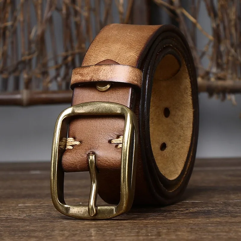 38CM pleated belt men's leather needle top layer cowskin casual