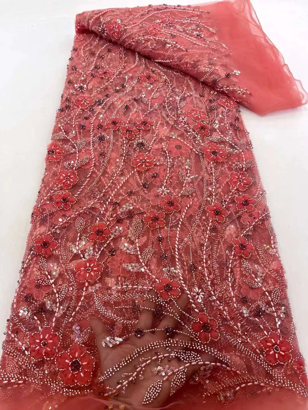 

2024 Luxury High Quality Handmade Beads Tulle Lace African Lace Embroidered Nigerian Lace For Wedding Dress XC