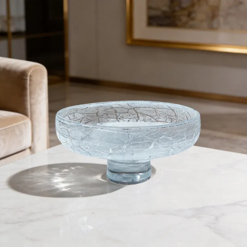 Elegant Ice Crack Glass Fruit Plate High Footed Designer Soft Glaze Bowl For Living Room Coffee Table Modern Home Decor
