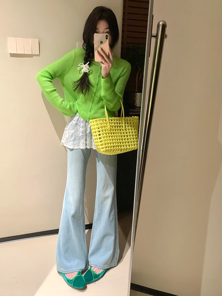 Sweet Light Blue High Waist Slim Fit Jeans Women's Spring 2026 Korean Style Bell Bottoms Long Pants for Petite Ladies