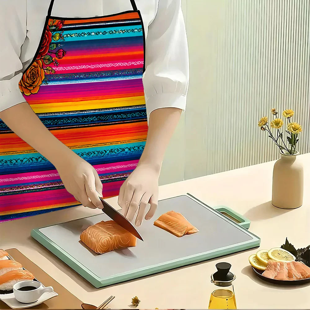 Rainbow‑Stripe Rose Floral Print Apron, Stylish & Durable, Washable, Multi‑Scene Use for Kitchen Cooking Baking, Gardening