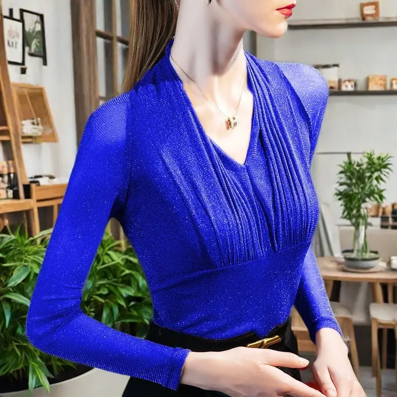 

Яркая шелковая сетчатая футболка с v-образным вырезом, нижняя рубашка для женщин, весна-осень, новый модный эластичный топ с длинными рукавами