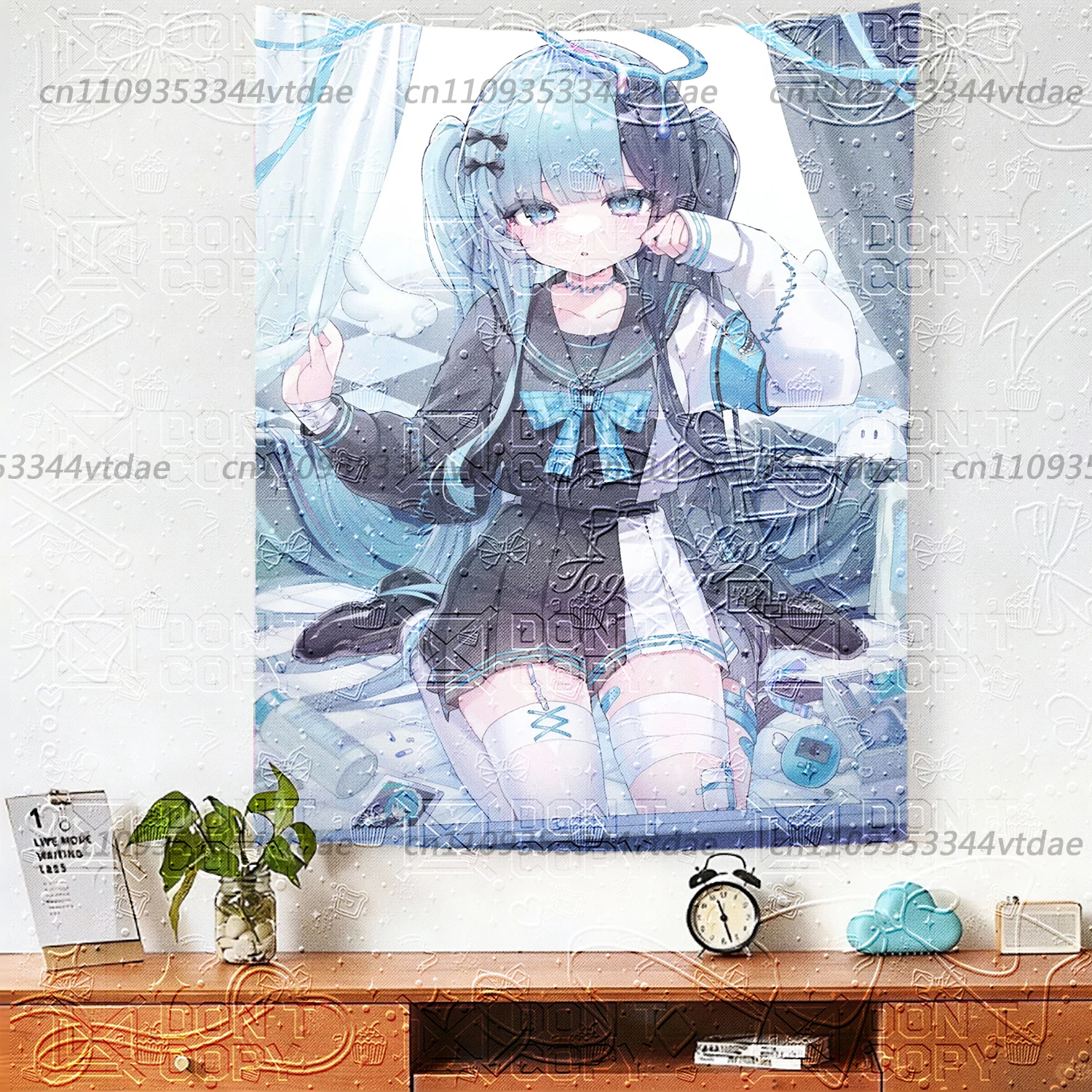Kawaii Yami Kawaii Anime Girl Tapestry Menhera Blue Black Sailor Uniform Wall Hanging Aesthetic cool room stuff decoration items