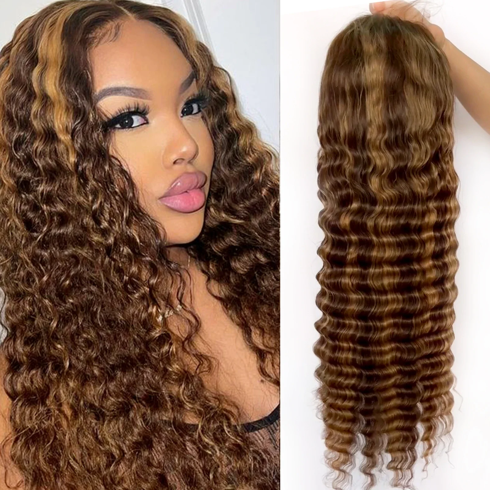 34inch honey blonde highlight honey brown deep wave human hair lace front wig body wave straight hair 360 full lace wigs