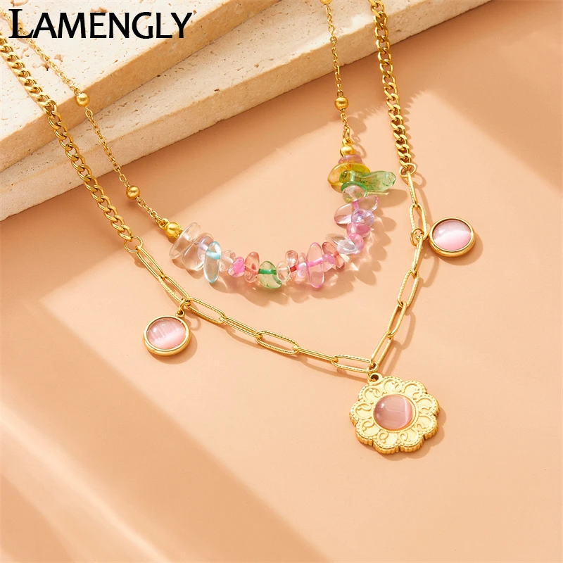 LAMENGLY316l Stainless Steel Creative Novel Colored Acrylic Bead Multiple Chain Splicing Pink Flower Pendant Necklace Party Gift