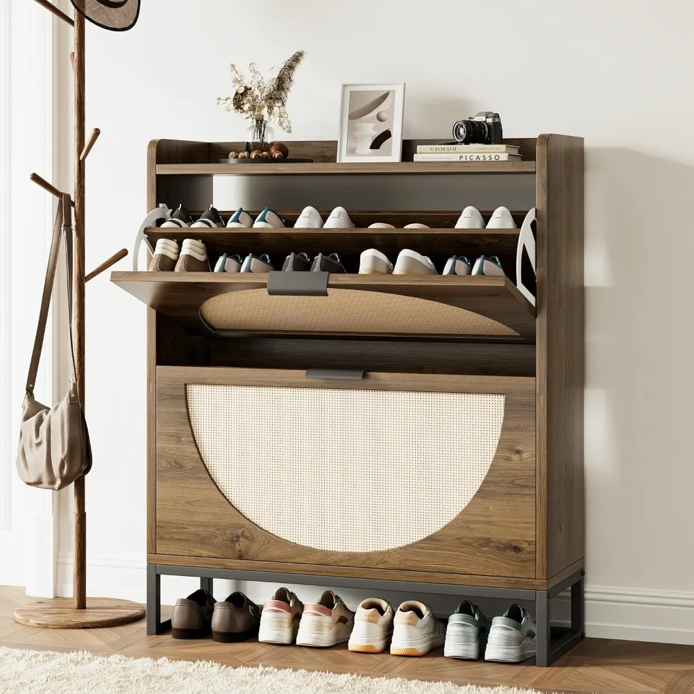 

Shoe Storage Cabinet for Entryway Wooden Rattan Large Shoes Cabinet with Hidden 2 Flip Drawers Shoe Organizer, Customized