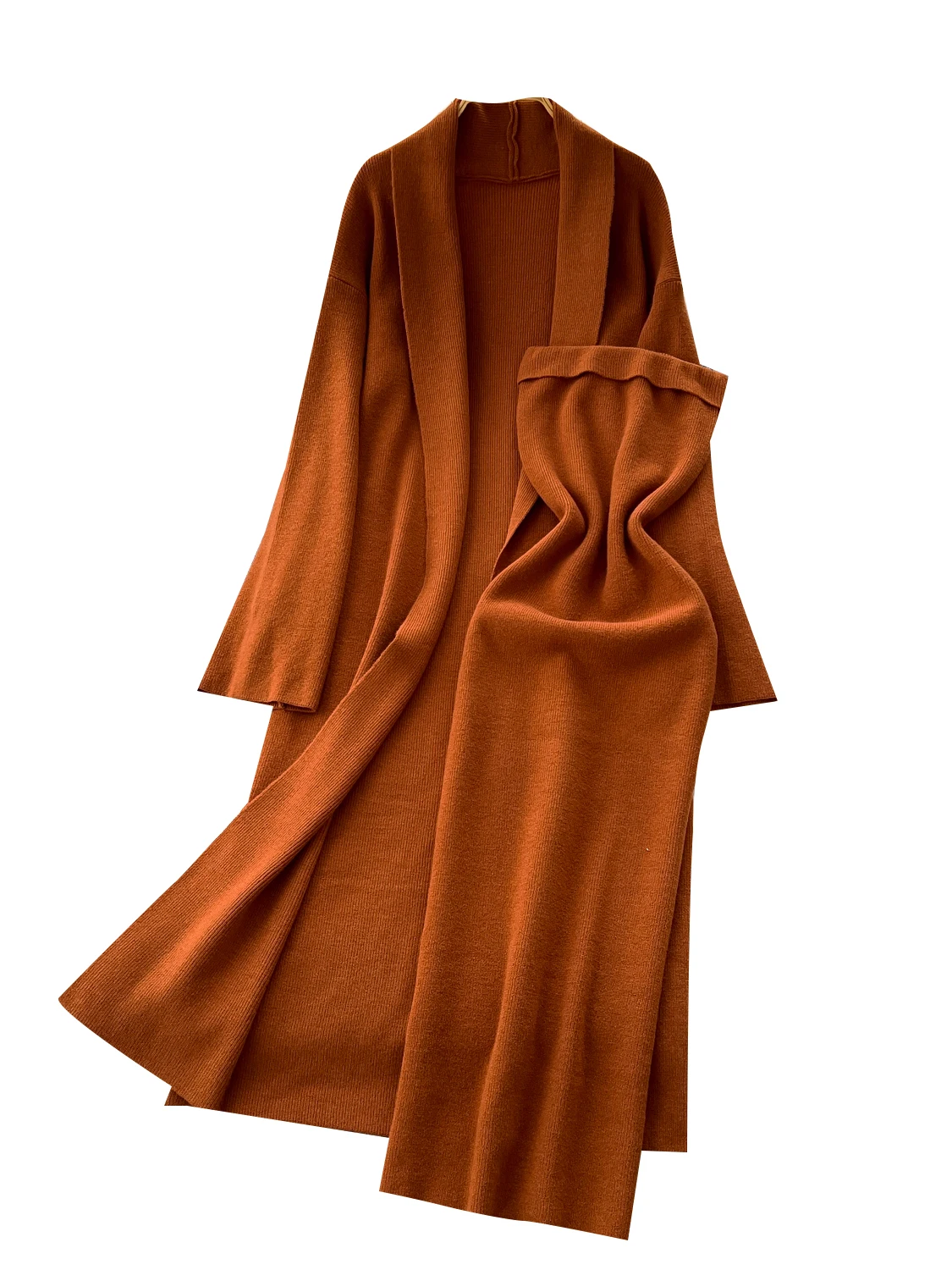 

Вязаный женский комплект коврика, зимнее облегающее платье-труба с длинным открытым кардиганом, повседневная рабочая одежда с высокой талией