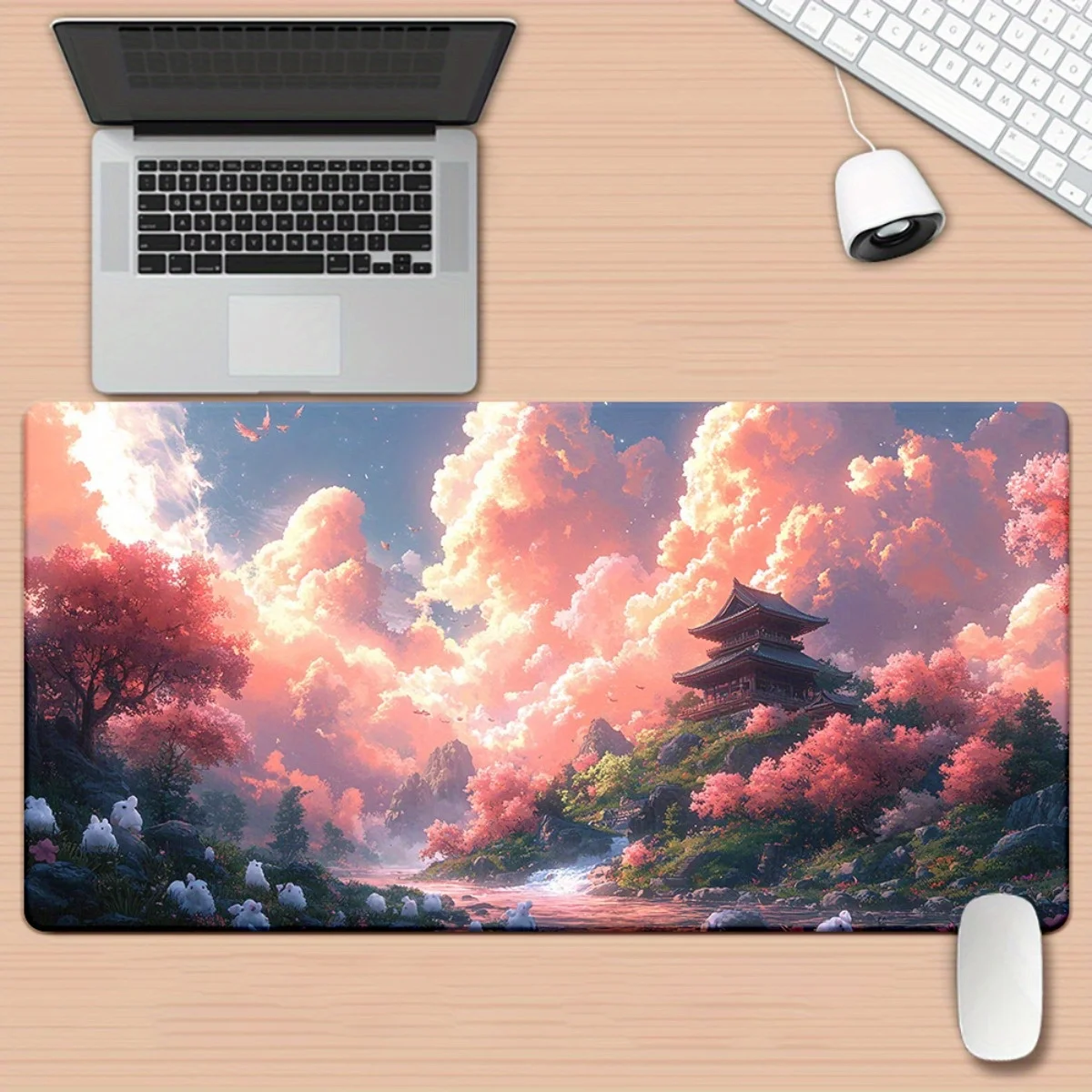 1 pezzo di paesaggio con nuvole rosa e montagne Tappetino stampato HD per scrivania, tappetino per mouse XXL multifunzionale, tappetini per mouse da gioco con tastiera,