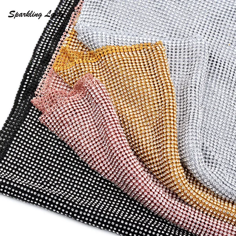 Bling Crystal Mesh Fabric Gold Flexible Aluminum Base Glass Rhinestone Mesh for DIY Sewing Cosplay Dress Bag Body Jewelry