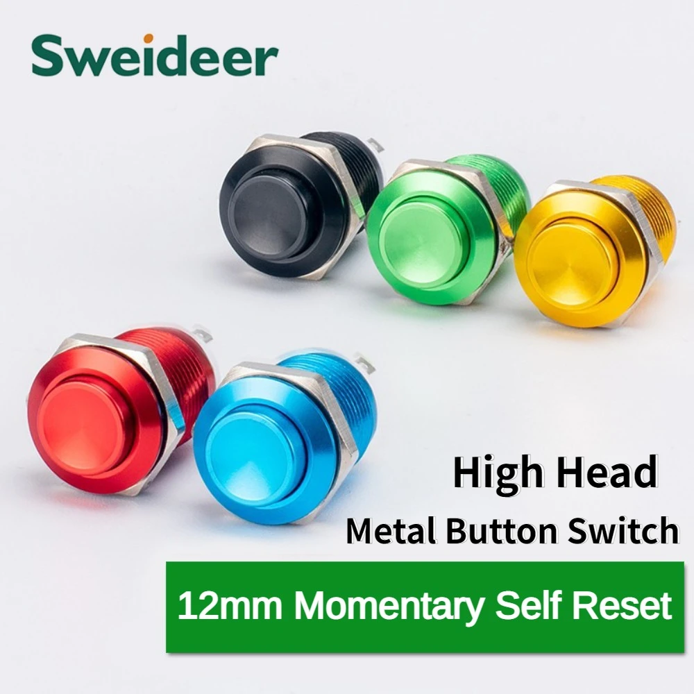 12mm Waterproof Metal Button Switch Momentary Self Reset Welding Foot Red Green Yellow Blue Black High Head Power Switch