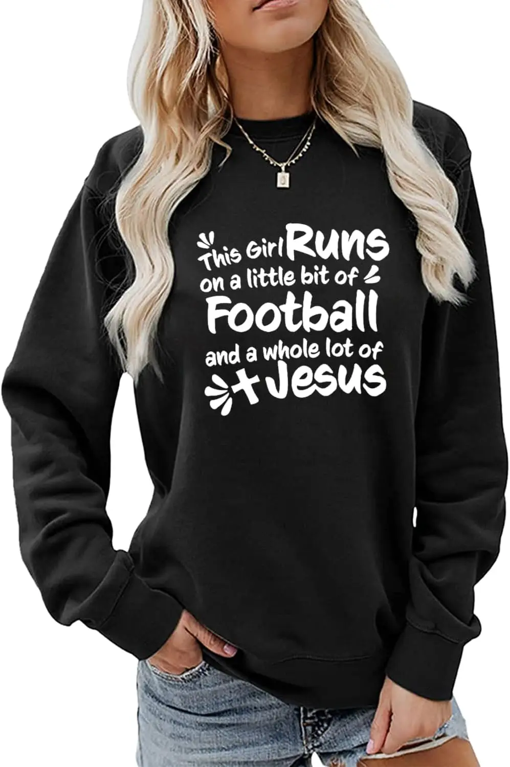 This Girl Runs on Football and Jesus Sweatshirt, Christian Mom Shirt Women Crewneck Pullover Tops Football Mama Shirt