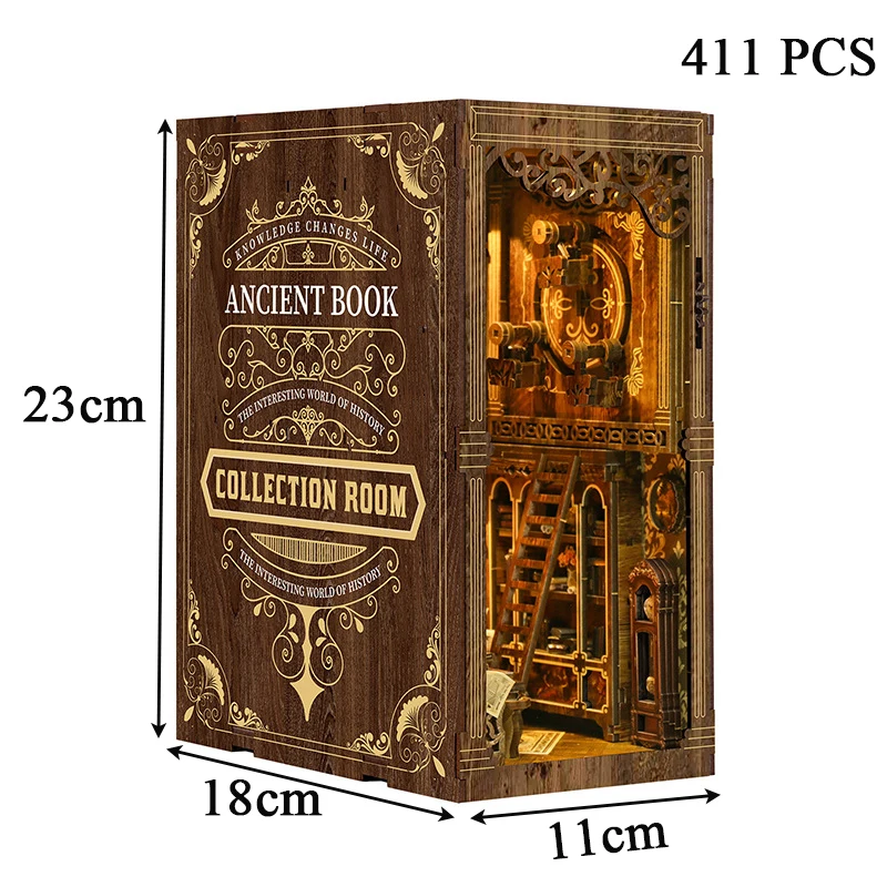 DIY Wooden Antique Book Collection Room Book Nook Shelf Insert Miniature Model Kits With Light Bookshelf Bookend Friends Gifts