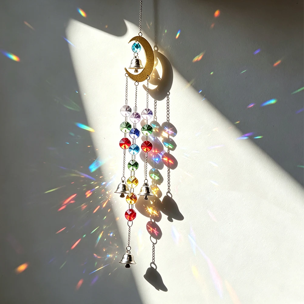 Boho Wind Chimes Crystal Suncatcher Crescent Moon Rainbow Maker Prism Bead Chain Hanging Spiritual Meditation Wicca Window Decor