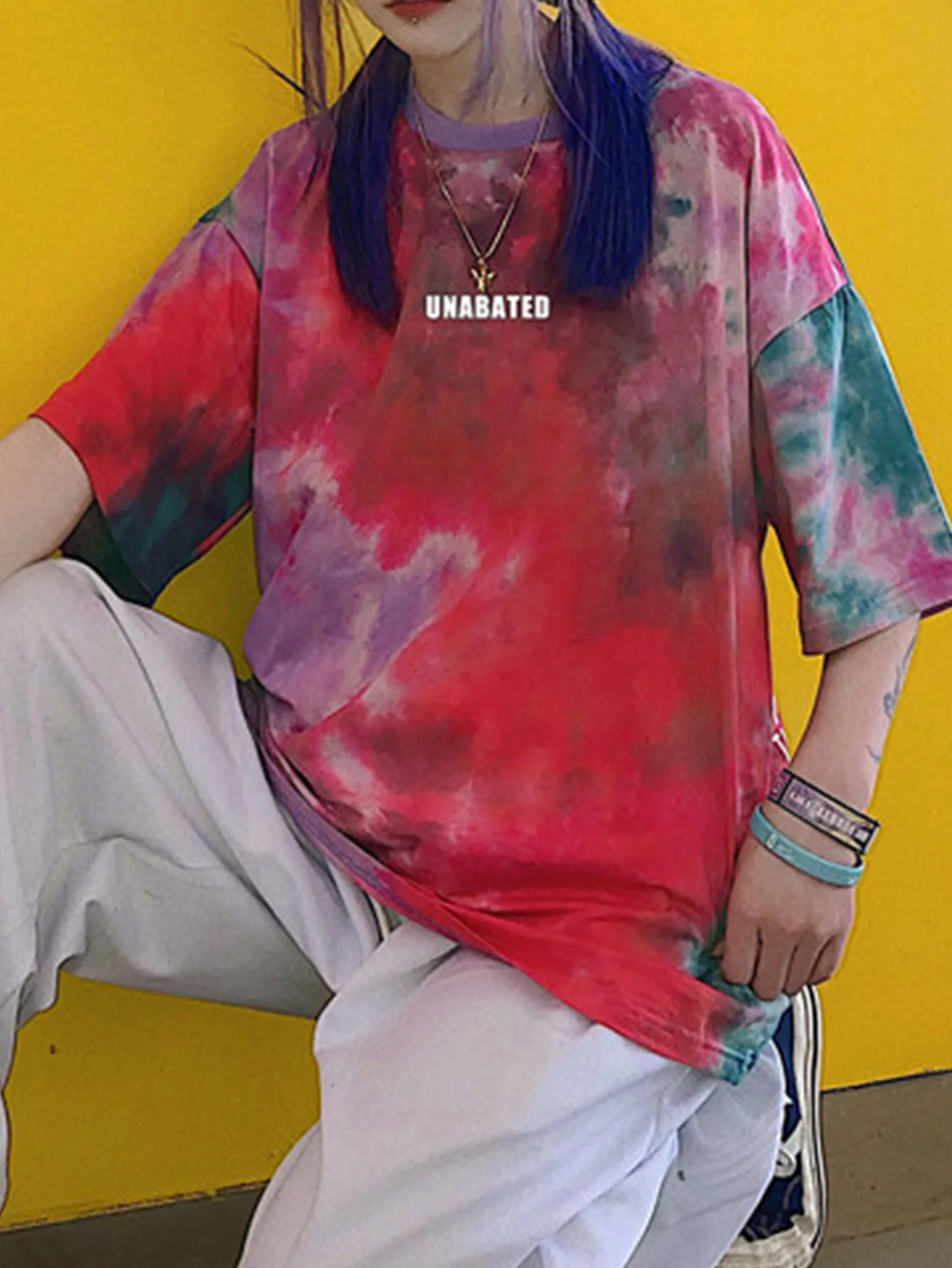 Summer Individuality Vintage Hip-hop Tie Dye Letters Loose Short Sleeve T-Shirt Harajuku Y2k Casual Street Women's Clothes Emo