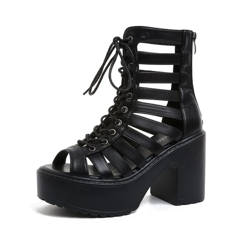 

High Quality 2026 Summer Thick Soles Patent Leather Sandals for Women High Heel Platform Open Toe Fashion Shoes Motorcycle Boots