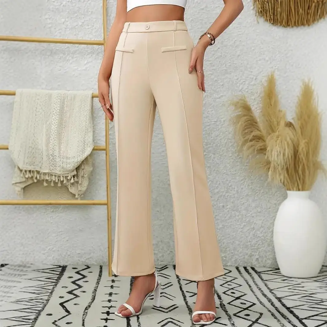 

Брюки прямого кроя с высокой талией, облегающие, расклешенные, повседневные, удобные, из полиэфирного волокна, для работы, с карманами, для женщин