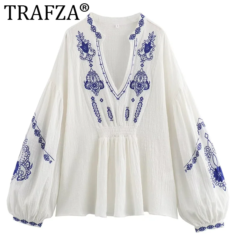 TRAFZA 여성용 캐주얼 자수 셔츠, 빈티지 꽃 구슬 장식, V넥 풀오버, 루즈 셔츠, 2024 용수철, 여름 패션
