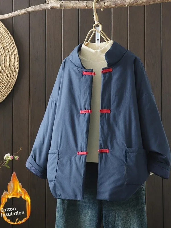 

Новинка 2025, зимнее тонкое льняное свободное женское пальто в стиле ретро на пуговицах в стиле дзен, маленькое хлопковое пальто-джатин, однотонное повседневное Sle