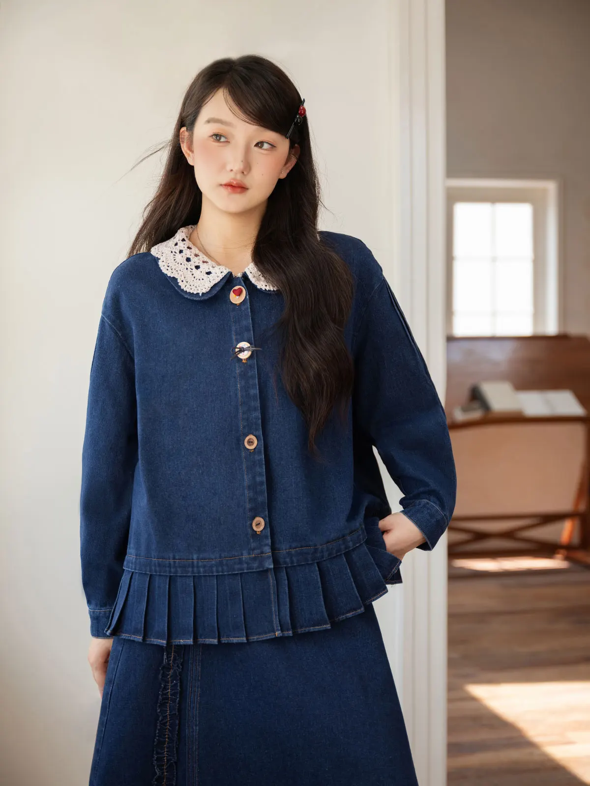 Giacca in denim retrò con colletto a bambola da donna, autunnale, giovanile, semplice, per il commuting, taglie forti, stile casual e alla moda