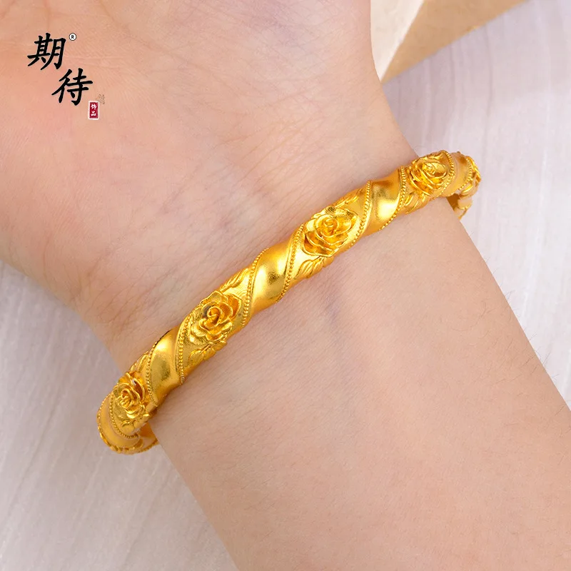 Bracelet de luxe en or pur 24K 9999 pour femmes, or véritable, Rose, anneau solide