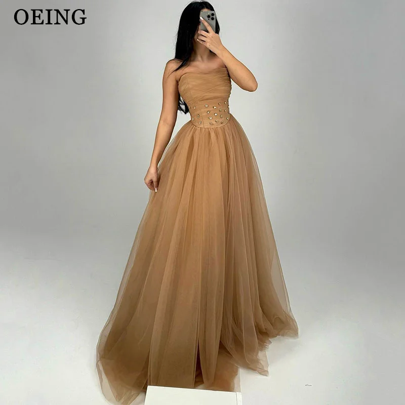 OEING A-Line Prom Dresses Soft Tulle Elegant Strapless Pleat Ruched Party Gowns Floor-Length Vestidos de noche