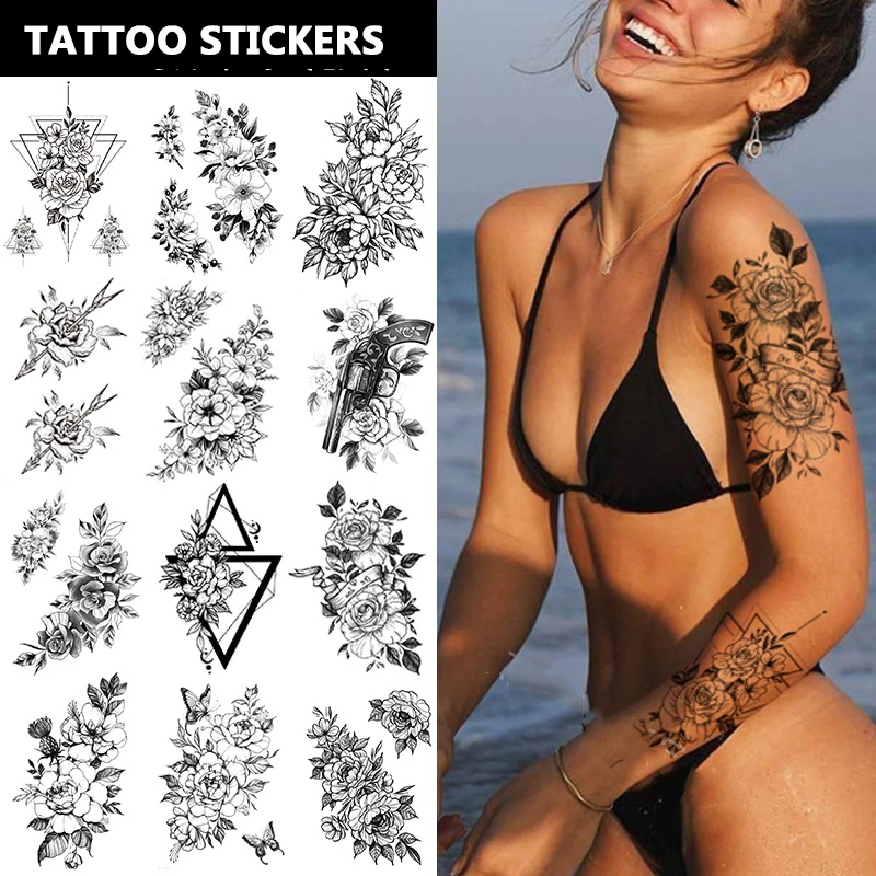 

Sketch Tattoo Stickers Butterfly Flowers Temporary Tattoo Full Arm Body Art Stickers Semi Permanent Tattoo For Women Adult Man
