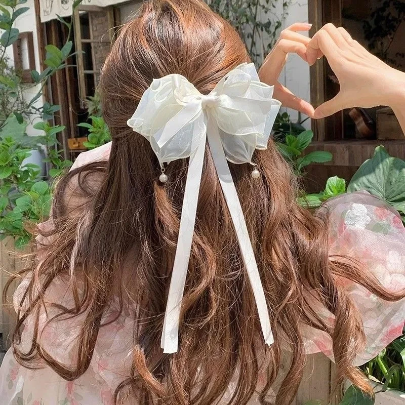 Women Elegant Lace Bow Ribbon Hair Clips Solid Color Satin Bowknot Clips Girls Korean Hairpins Party Headdress Hair Accessories