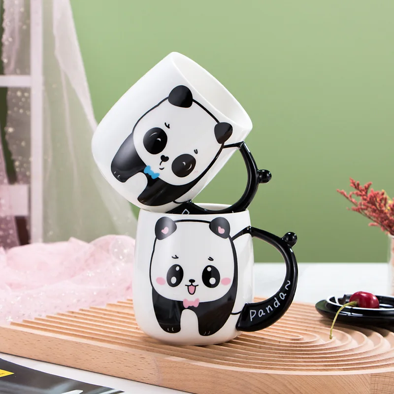 Ceramic 3D Panda Coffee Mugs with Lids Spoons New Cartoon Retro Milk Couple Cups Drinkware Business Gifts Kitchen Bar Supplies