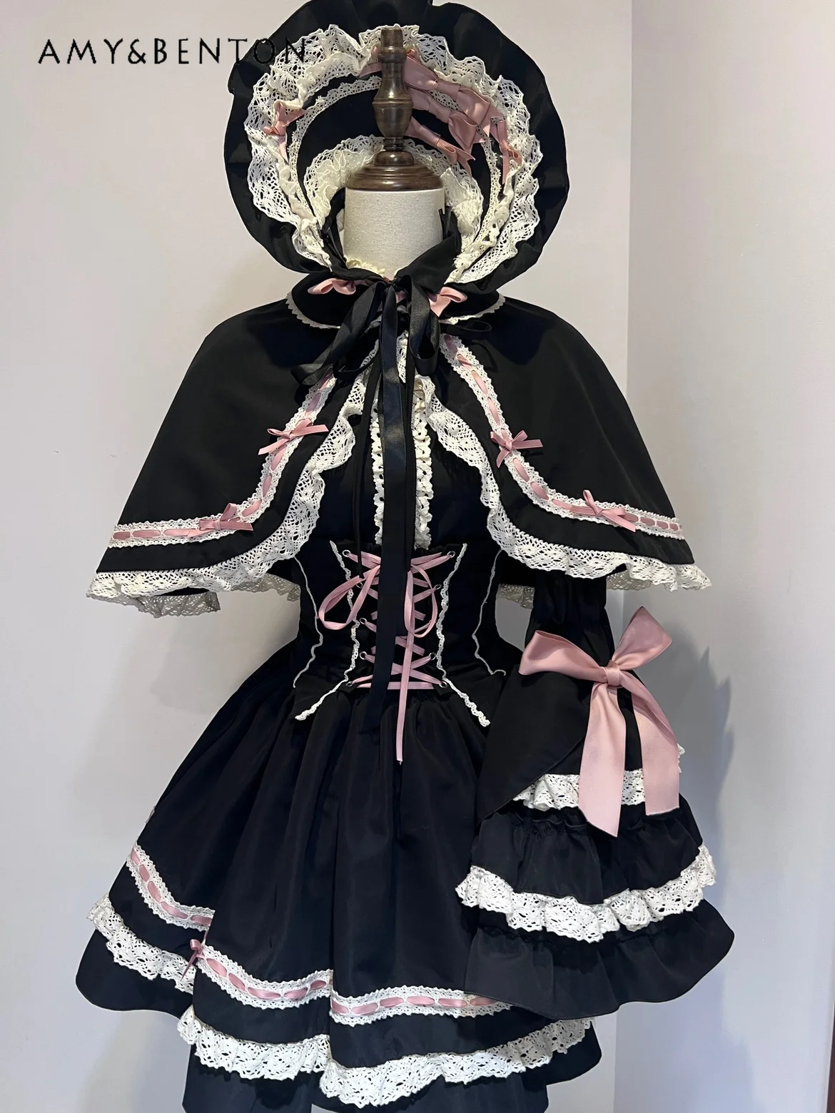 

Subculture Patchwork Lolita Skirt Sets Japanese Style Gothic Sweet Bow Bubble Sleeve Shirt Tutu Skirt Cape Three-piece Set Women