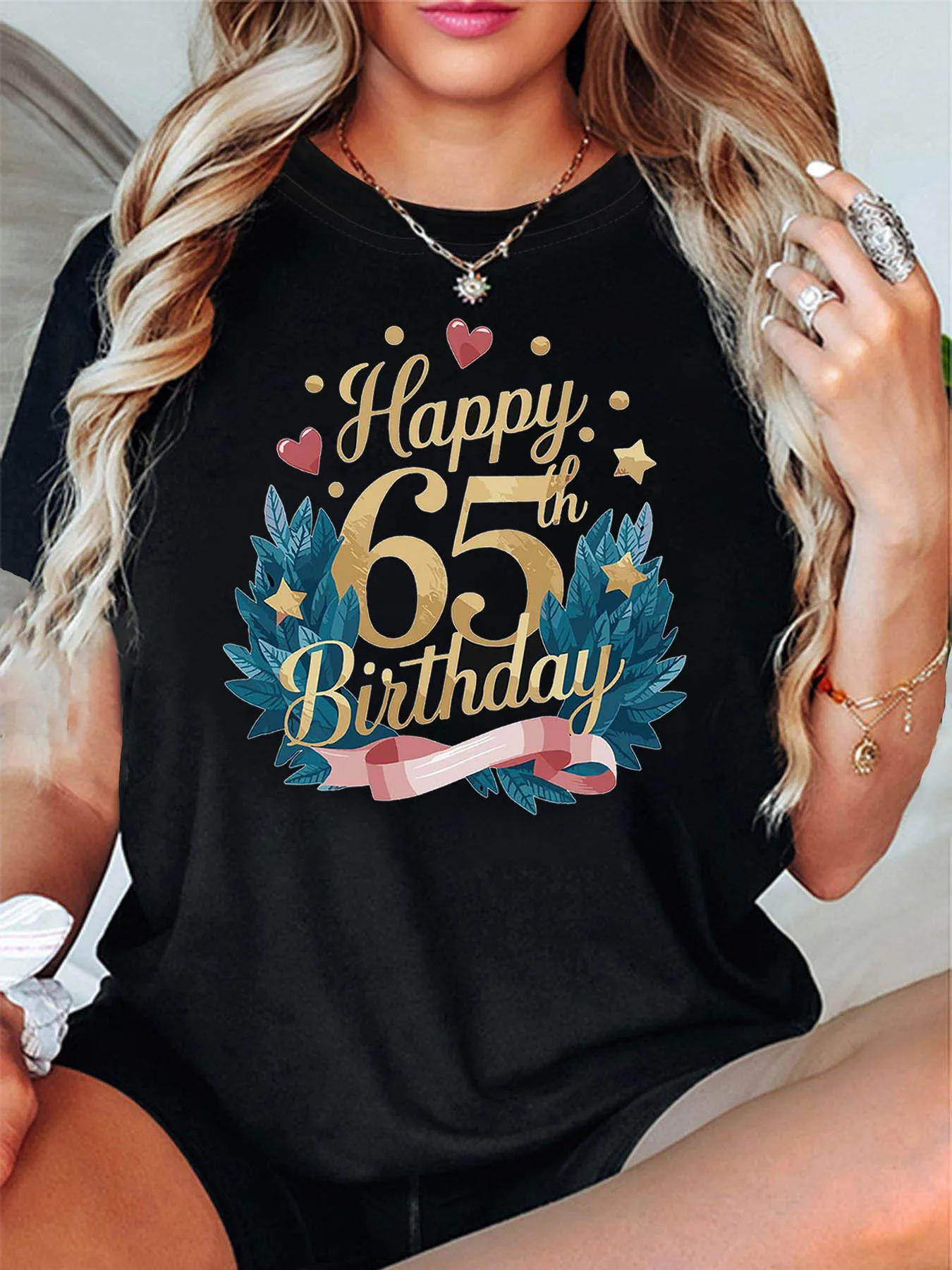 65 Years Old Birthday Gift T Shirt for Women Golden Leaf Print Short Sleeve Casual Top Spring Summer Daily Party Wear