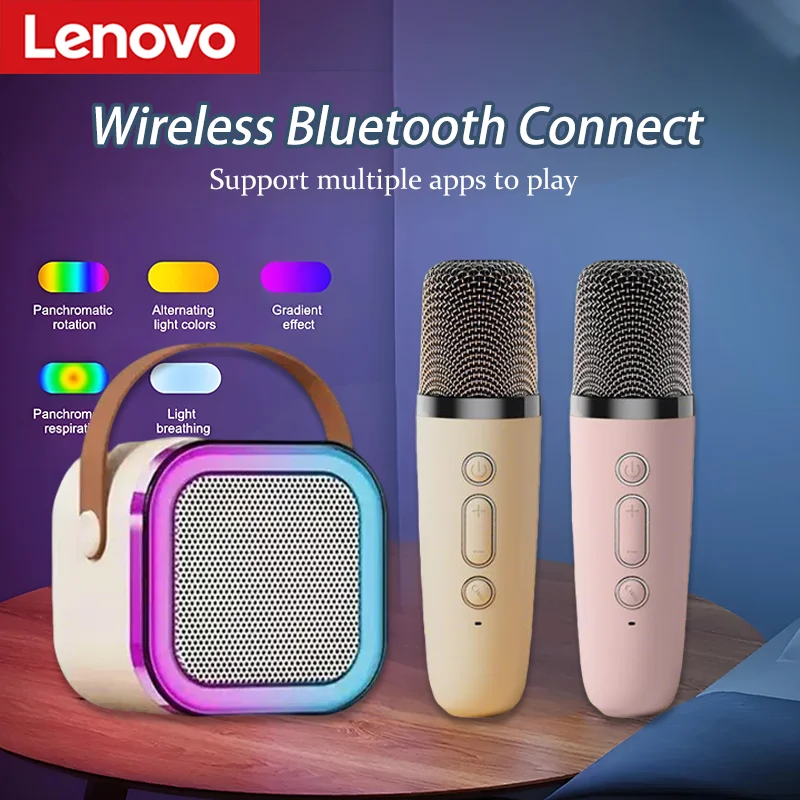 

Беспроводная Bluetooth-колонка Lenovo K12, портативный музыкальный плеер, караоке-машина с 2 микрофонами для семейного пения, подарки для детей