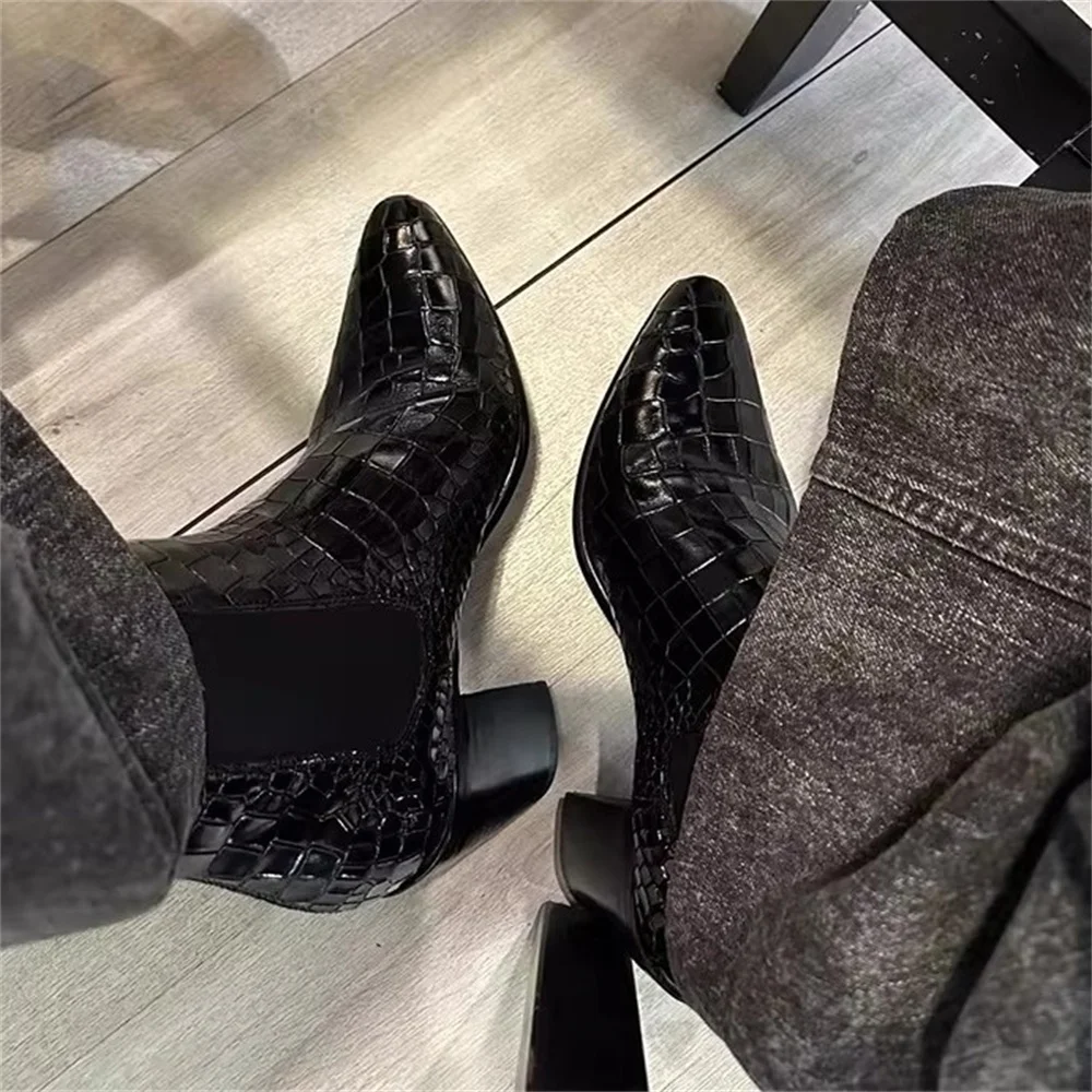 

Black Croc Print Leather Chunky Heel Chelsea Boot for Men Pointed Toe High Heel Slip On Winter New Business Formal Dress Shoes
