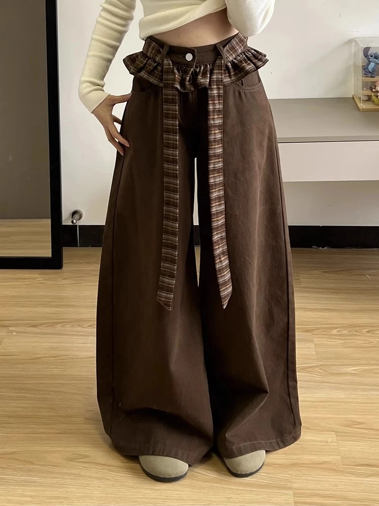 

Women's Edible Tree Fungus Splicing Design Trousers Young Girl Street Bottoms Female High Waisted Vintage Wide-leg Pants