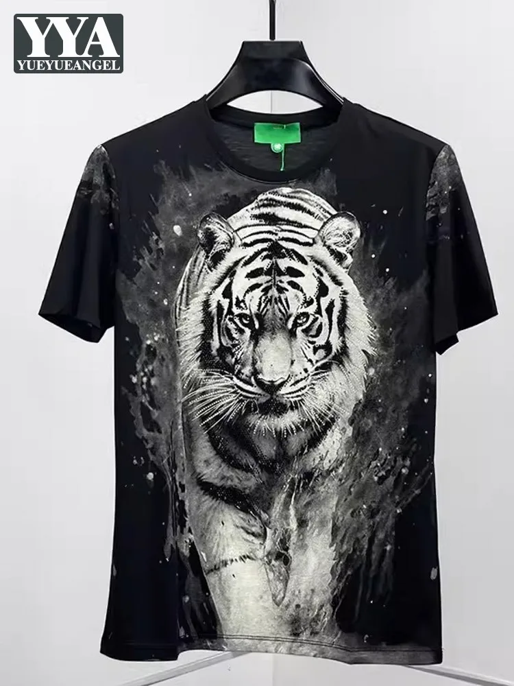 Harajuku Summer Mens Tiger Printed T-Shirt Breathable Short Sleeve Tees Tops Fashion Diamonds Stage Show Top  Casual Streetwear