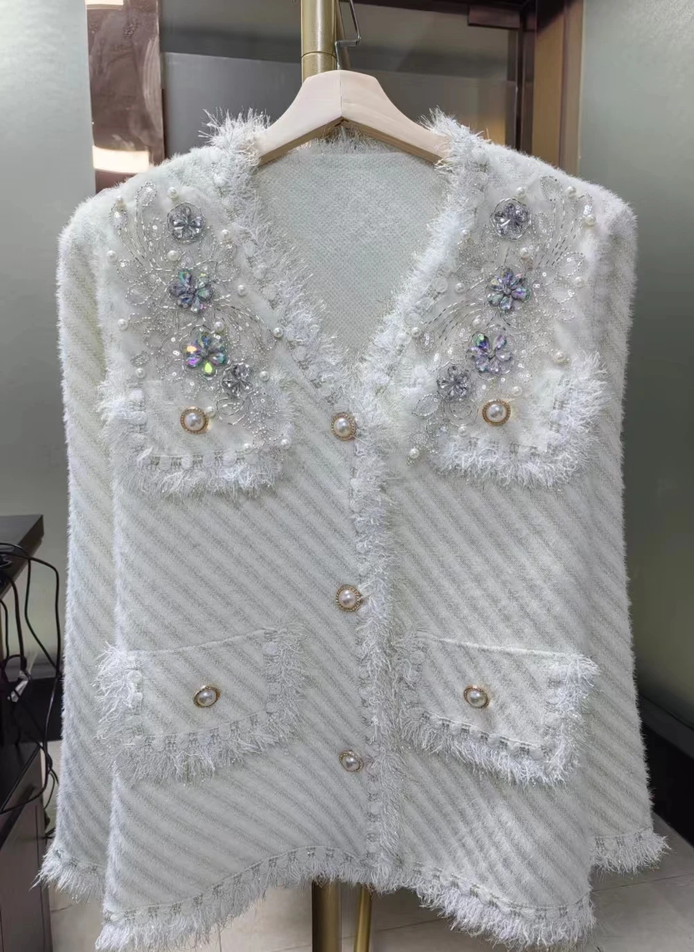 Real Photo Luxury Style Sparkle Diamonds Stitch Knitwear Cardigan Coat For Women Autumn Winter Off White Sweater Outwear Jacket