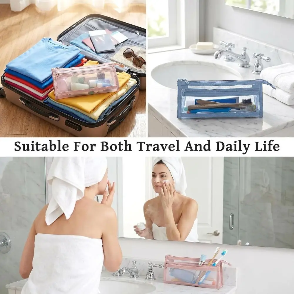 Transparent Mesh Transparent Pencil Pouch Double Layer Zipper Pouch Mesh Stationery Bag Portable Morandi Colors