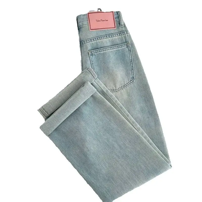 

Летние джинсы женские светло-голубые потертые джинсовые прямые брюки винтажные повседневные брюки женские тонкие джинсы свободные широкие брюки