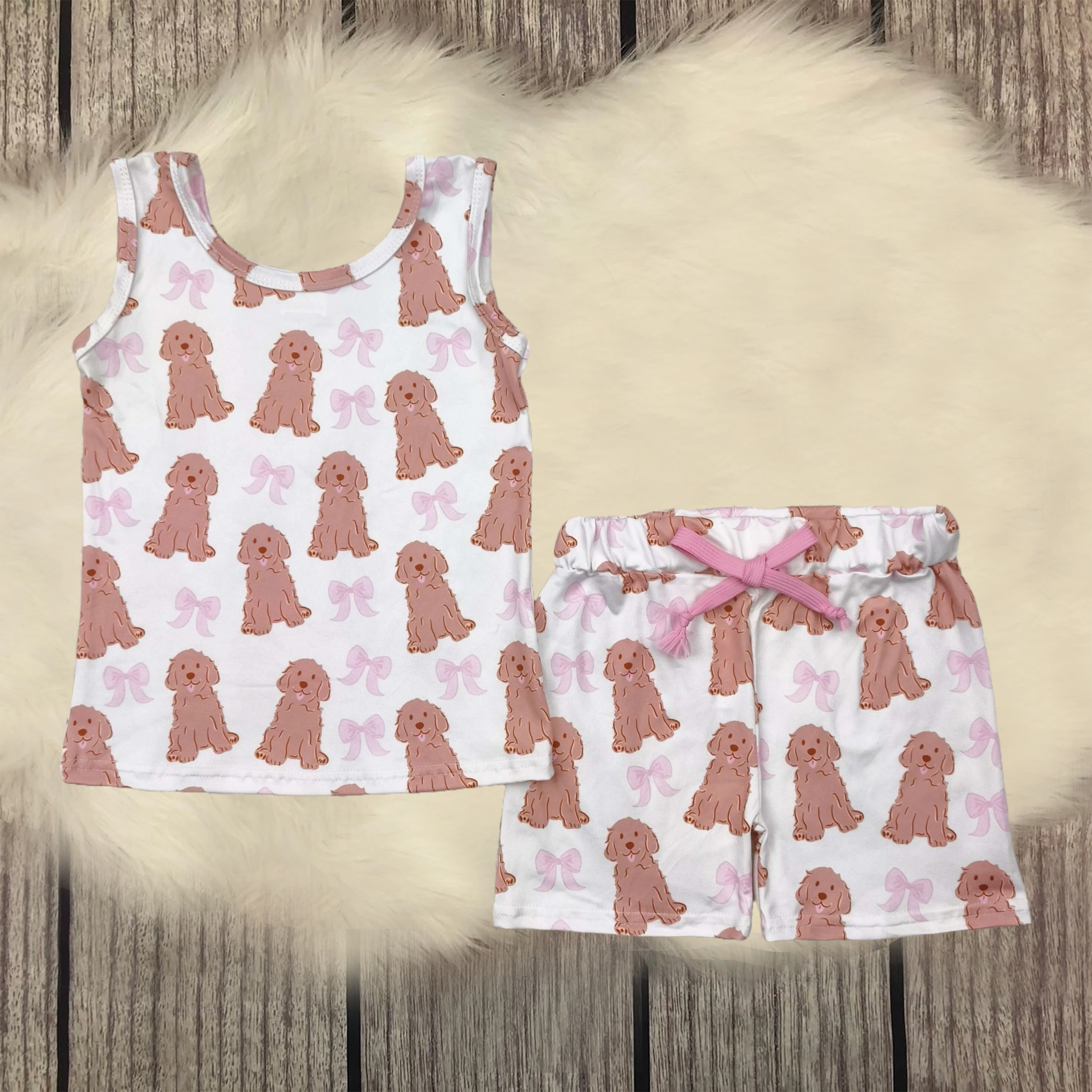 

Wholesale Baby Girls Sleeveless Dogs Bows Top Floral Shorts Kids Pajamas Set Infant Toddler Sleepwear Children Boutique Outfit