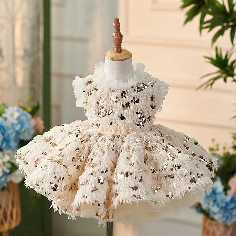 2026 Girl Sequin Tassel One Year Old Dress New Baby's Birthday White Princess Children Flower Girl Wedding Elegant Formal Gown