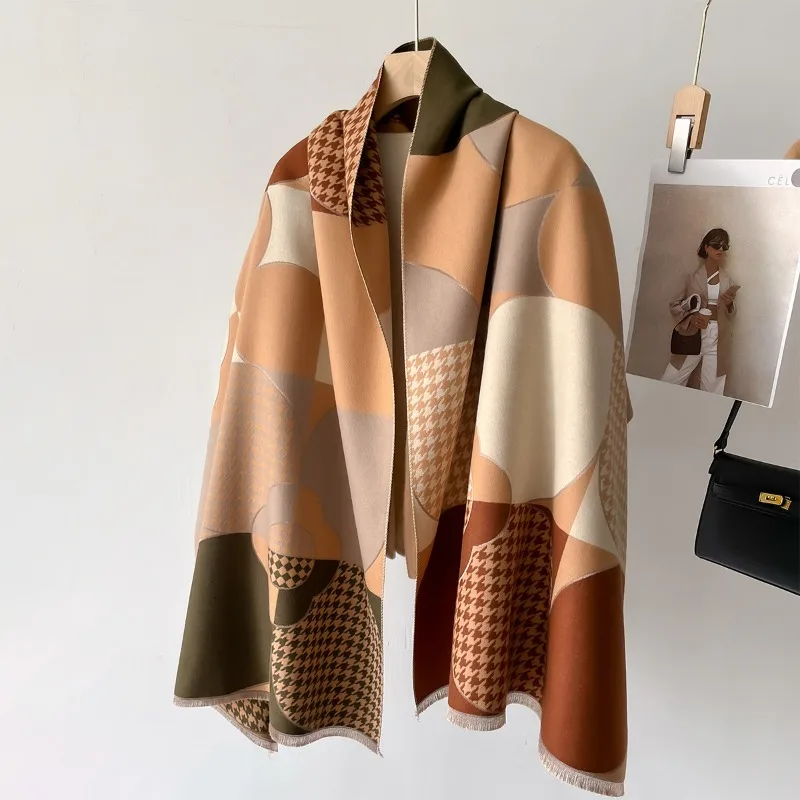 The New Plaid Fashionable High-end Imitation Cashmere Thermal Long Towel Cape with A Scarf on Top Cape for Women