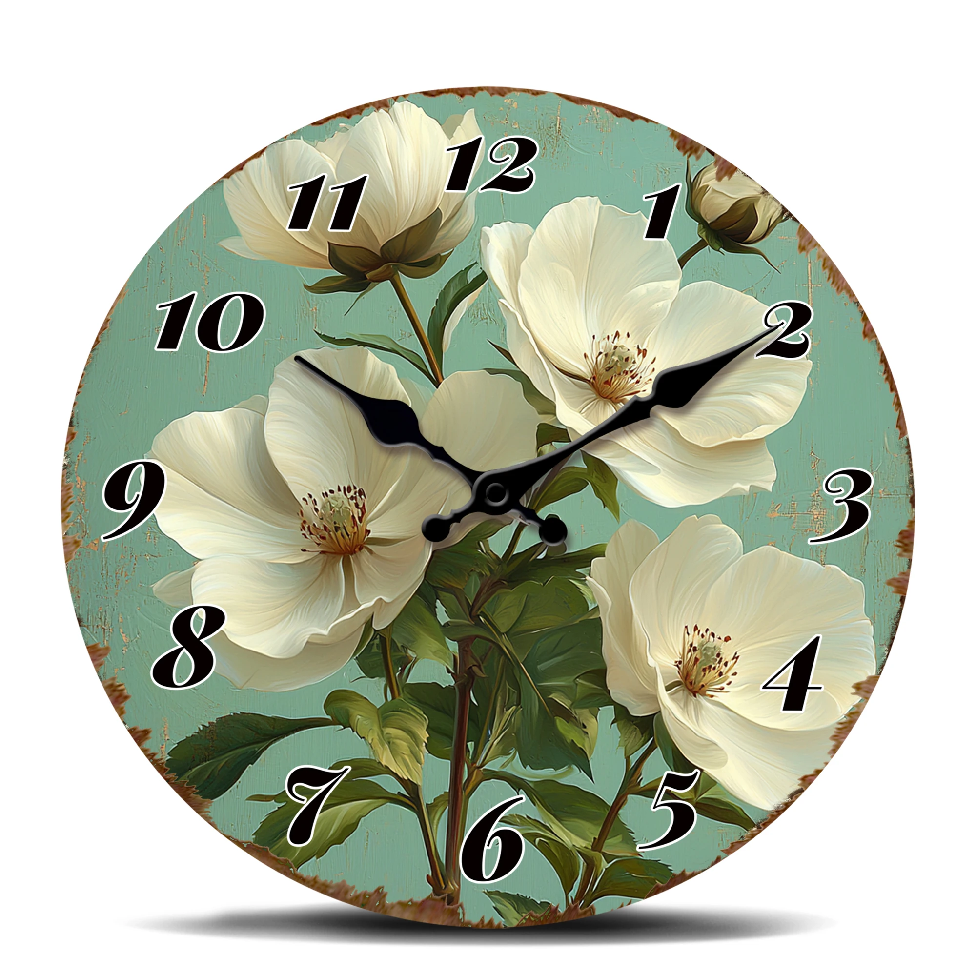 Weißer Blumenstrauß auf blaugrünem Hintergrund, runde Wanduhr, Vintage-Blumendekor, geräuschlose, nicht tickende Quarzuhr mit elegantem Bot