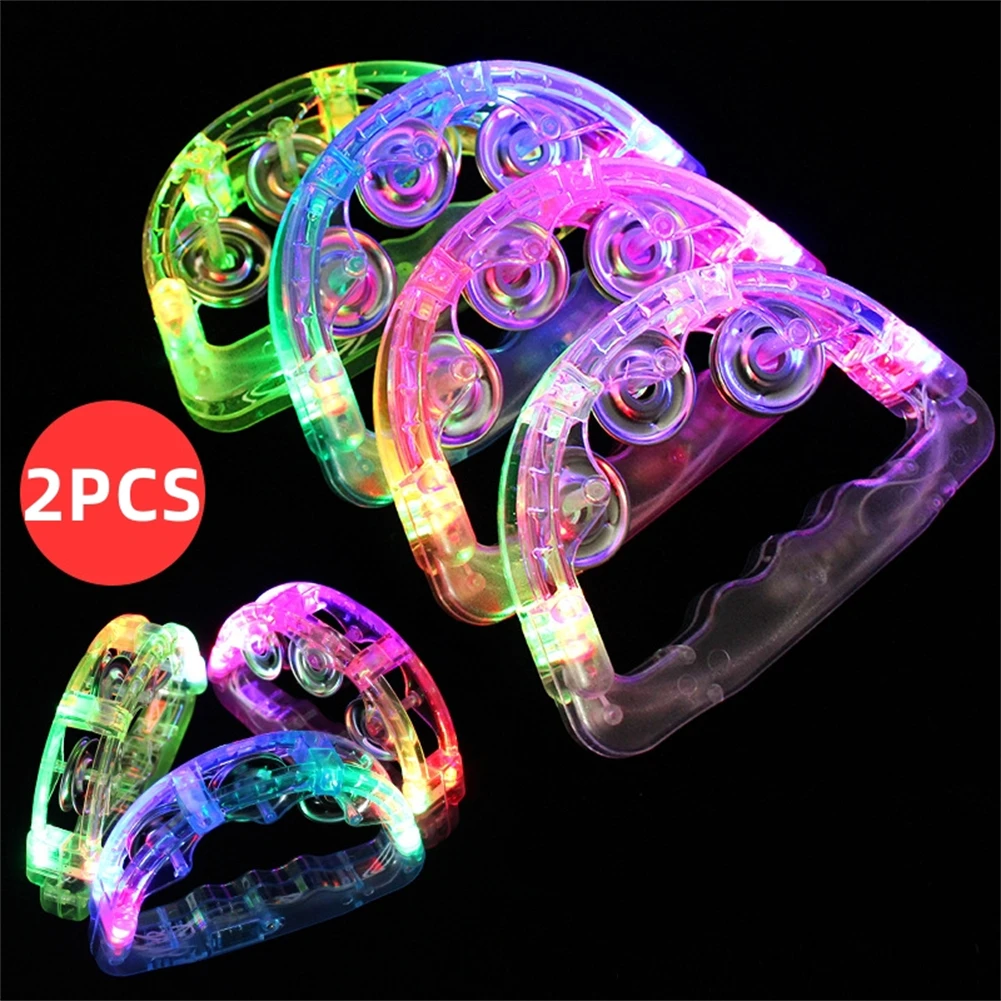 Handheld Light Up Tambourine Percussion LED Flashing Rattle Bell KTV Party Events Kids Sensory Musical Instrument 2 Random Color